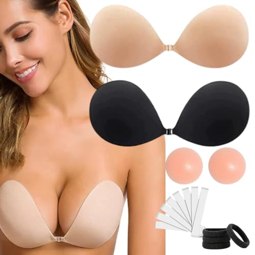 2 Pack Invisible Sticky Adhesive Bra Tape Strapless Reusable Push Up Backless Tape,Hair Bands,Chest Spherical Concealments, Seamless Stick On Bra (Cup & Band, D, Black & Cream)-image
