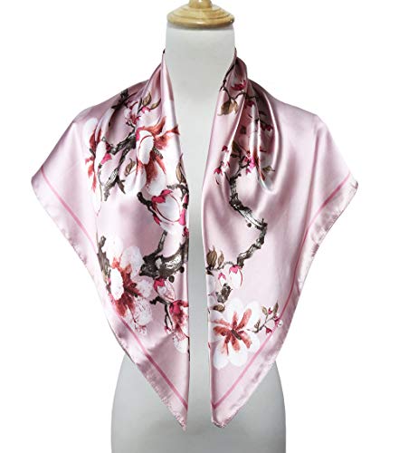 Vabovin 35" Ladies Satin Square Silk Like Hair Scarves And Wraps Headscarf For Sleeping (Pink Flowers) #TOP4