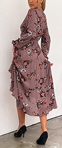 Image of Kormei Women Long Sleeve V Neck Floral Maxi Dress High Low Flowy Party Long Dresses M D10-RosyBrown