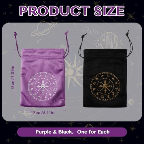 Image of PATPAT 2Pcs Tarot Cards Deck Drawstring Bags 13x18cm, Black and Purple, Mysterious 12 Zodiac Compass Printed Flocking Fabric Tarot Card Storage Bags, Cards Deck Supplies, Gifting