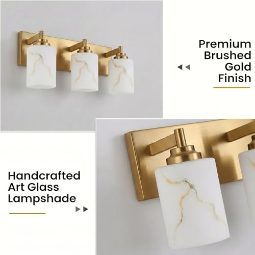 Image of 3-Light Bathroom Light Fixture, Gold Modern Vanity Light with White Marble Glass Shade, for Bathroom Mirror, Living Room, Bedroom, Hallway, E26 Base, Extended Base
