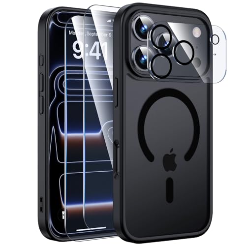Yohii Funda Magnética para iPhone 17 Pro con 2 Piezas Cristal Templado y 1 Protector Cámara, Compatible con mag Safe, Grado Militar Carcasa Translúcida Mate Trasera Fina Antigolpes (Negro)