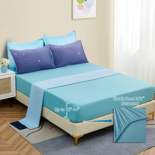Image of Dinjoy Girls Comforter Set Queen Size 7 Pieces Bed in A Bag Ombre Blue Purple Rainbow Bedding Set Collections for Teen Women (1 Comforter, 1 Flat Sheet, 1 Fitted Sheet, 2 Pillow Shams, 2 Pillowcases)