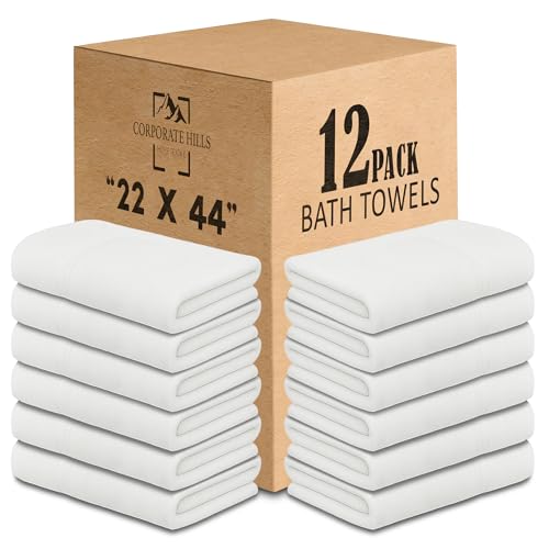 Image of Corporate Hills CH White Bath Towels Bulk Pack of 12 (22x44 Inches) – 100% Cotton Lightweight & Absorbent Towels for Airbnb, Hotels, Motels & Commercial Use