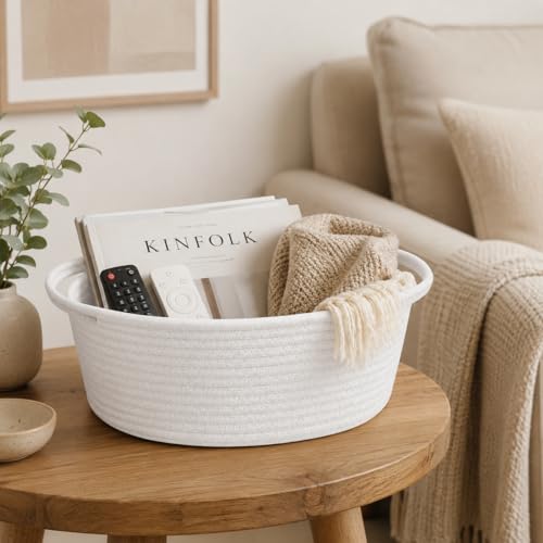 Image of ABenkle Small Basket with Handles, Boho Decorative Rope Woven Dog Cat Toy Storage Bin Shelf Storage Organizer, Easter Christmas Gift Basket, 12 inchx8 inchx5 inch, 2 Pack