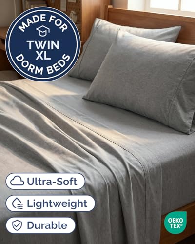 Image of Twin XL 4 Piece Sheet Set - College Dorm Room Essentials - Heathered Grey | Ultra Soft Dorm Bedding Set, 8 inch to 16 inch Inch Deep Pockets, 1 Flat & 1 Fitted Sheet & 2 Pillowcases, Wrinkle & Fade Free
