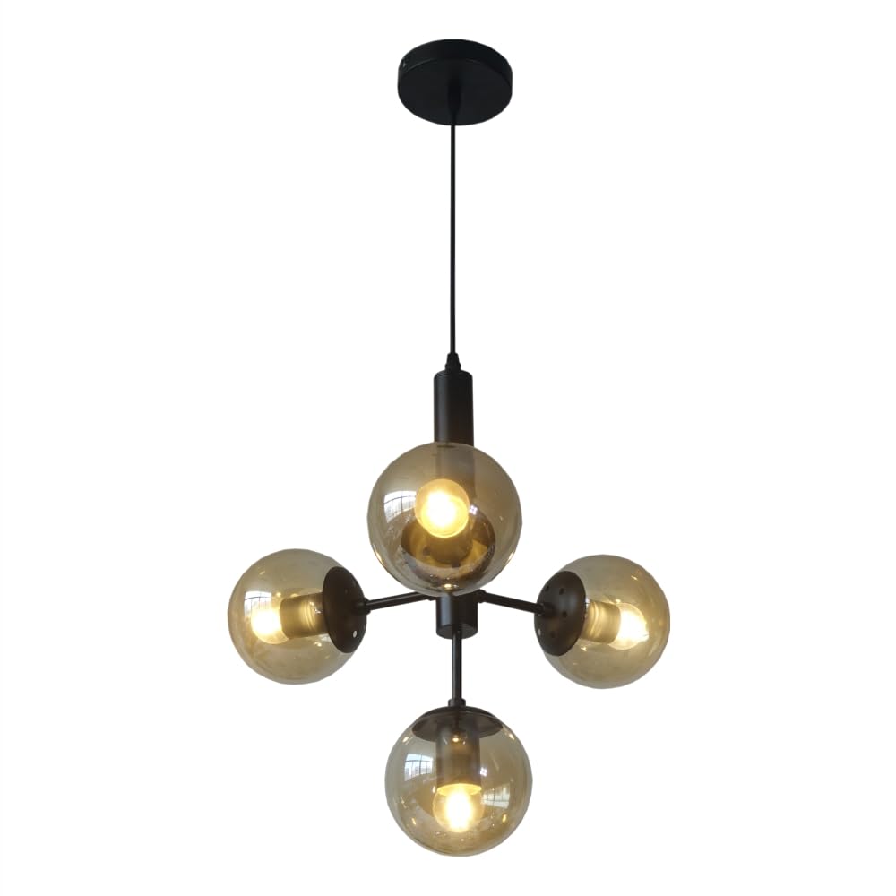 Tekled Amber Atom Model Globe Glass Black Metal Body Sputnik Chandelier Ceiling Pendant Light | E27 Bulb Base | Nordic Design | For Living Rooms Dining Halls Coffees Restaurants | (Bulb Not Included)