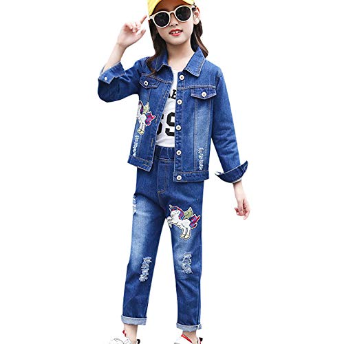 SXSHUN Chaqueta Vaquero + Pantalones Vaqueros Conjunto Vaquero con Bordado y Estampado para Niñas, Unicornio (2 Piezas), 120cm (4-5 años)