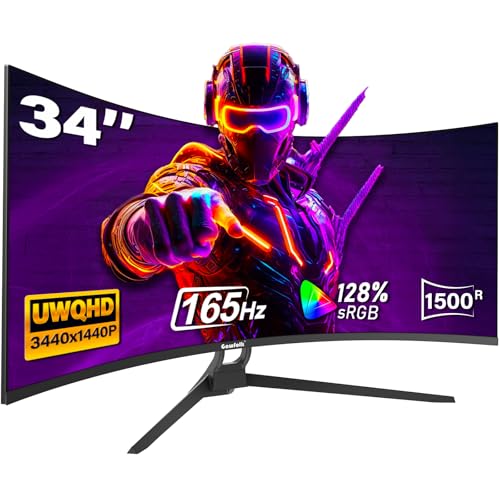 Gawfolk 34 Inch Ultrawide Curved Gaming Monitor 1500R PC Screen 165hz WQHD 3440x1440p 21:9 Monitor Curved Computer Display with FreeSync PIP/PBP 1ms(MPRT) Support HDMI 2.1 DP 1.4