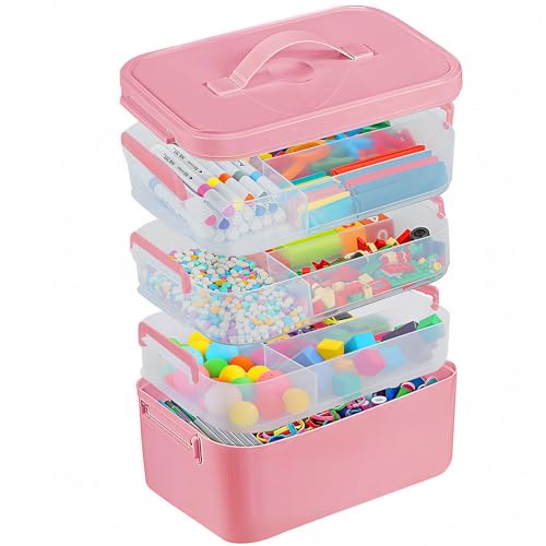Image of Gifhomfix 4-Layer Plastic Craft Organizers and Storage Box with Removable Trays, Storage Containers with lids and Handle, Art Supply Storage Organizer for Organizing Bead, Sewing, Tool(Pink)