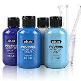 Colorful Blue Series Acrylic Pouring Paint Set, 3.34 oz./100 ml Bottles of 4 Colors with Cups, Sticks & Gloves, Fluid Ready Pour Paints Perfect for DIY Arts and Crafts Projects