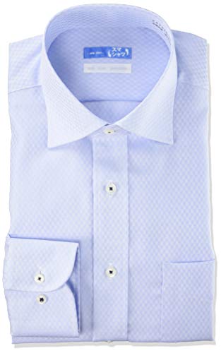 [スマートビズ] ノーアイロン 長袖ワイシャツ 洗って干してそのまま着る 綿100% の優しい着心地 シンプルがかっこいい シーンを選ばないデザイン 超形態安定 EATO22 メンズ 20 ブルー チェックドビー ワイド スリム 首回り37cm裄丈80cm SLIM
