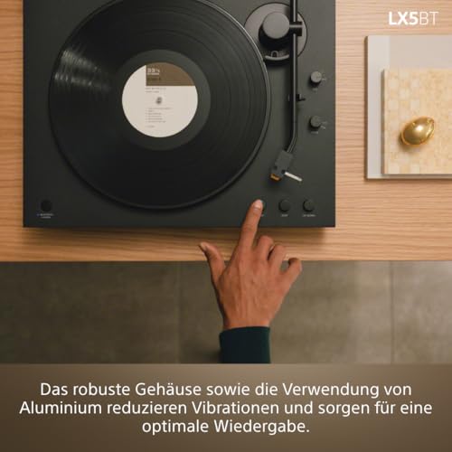 Sony PS-LX5BT Premium-Bluetooth-Plattenspieler mit vollautomatischer Wiedergabe, Riemenantrieb, hochwertiger Tonabnehmer, Hi-Res Audio, integrierter Phono-Vorverstärker, 3 Verstärkungsmodi – Schwarz