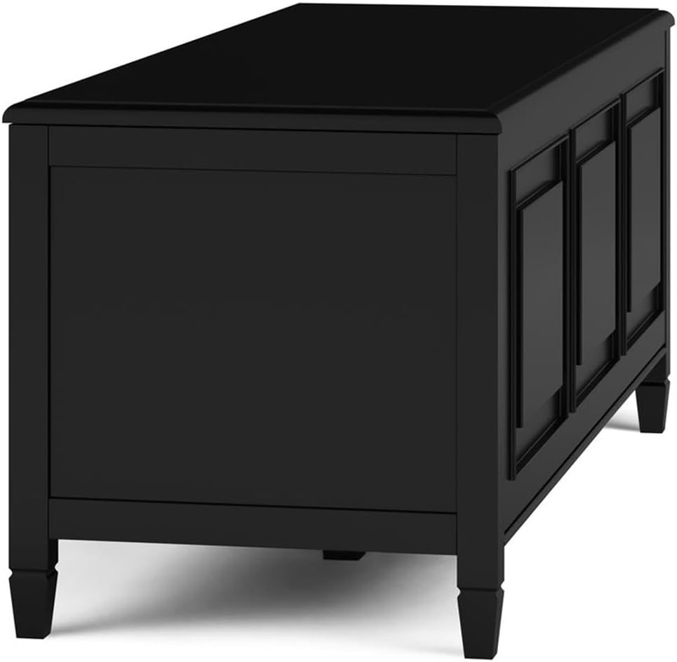 Pemberly Row Solid Wood Storage Bench Trunk, 51 in Wide, Black Finish, 3 Compartments, Lift-Up Lid with Child Safety Hinges, Traditional Raised Panel Design, Multipurpose for Living Room, Bedroom,