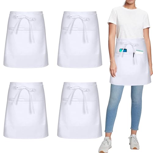 umboom 4 Stück Vorbinder Schürze, Weiß Küchenschürze mit 3 Taschen, Kurz Koch Schürzen, Kellnerschürze Grillschürze Baristaschürze Taillenschürze für Herren Damen (Weiß - Polybaumwolle)