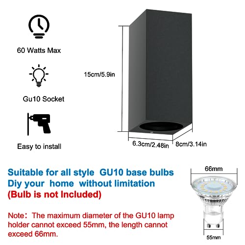 Klighten 2 Stück Anthrazit Wandleuchte Aussen Innen, Wasserdicht IP65 Modern Wandlampe Außen, Aluminium Eckig Außenlampe Außenleuchte Wand, Up Down GU10 Fassung Außenwandleuchte, Ohne Leuchtmitte – Bild 4