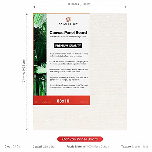 Image of Scholar Art Hobby Series 04 Oz (230 GSM) 100% Cotton Canvas Panel Board for Painting (White Blank Canvas Boards for Acrylic Paint, Oil Paint, Wet & Dry Media) | 08 inchx10 inch (20x25 cm), Pack of 4