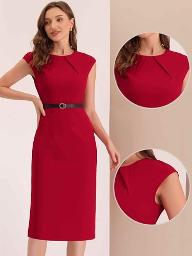 Image of Allegra K Business Dress for Women's Work Elegant 2026 Cap Sleeve Belted Office Sheath Dresses