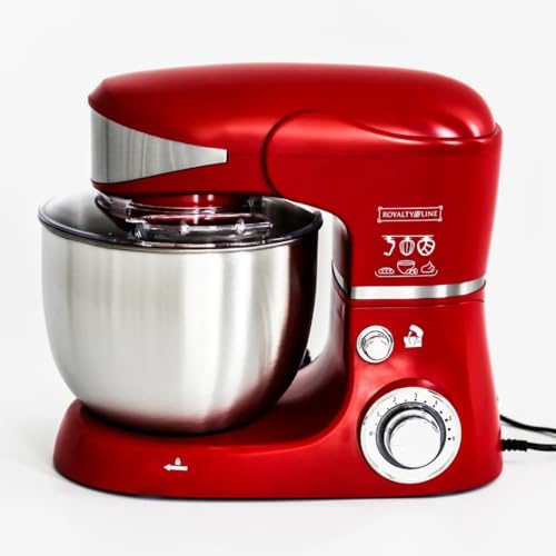 ROYALTY LINE, RLPKM1600-RED Robot de Cocina Multifunción 1600W Rojo, Bol de Acero Inoxidable de 6L, 6 Velocidades + Función Pulso, Accesorios Incluidos, Ideal para Repostería y Cocina