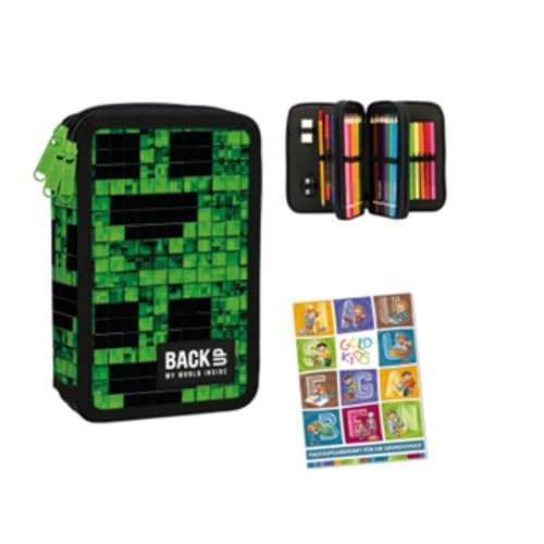 Goldkids - Federmäppchen 3 Fächer - Mäppchen für Mädchen und Jungen - Federmappe 3-Fach Federtasche Gefüllte Schüleretui Schulmäppchen und Hausaufgabenheft - Game Motiv