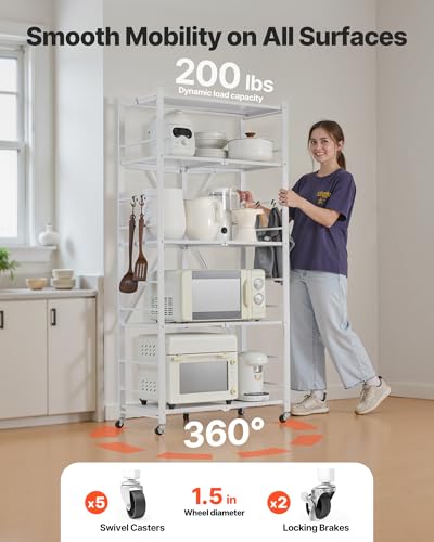Image of VEVOR 5-Tier Foldable Storage Shelf, 28 W x 15D x 64H Inch Folding Metal Rack Shelving Unit, No Assembly Organizer Shelf with 5 Wheels & 4 Hooks for Pantry, Kitchen, Garage, Basement, White