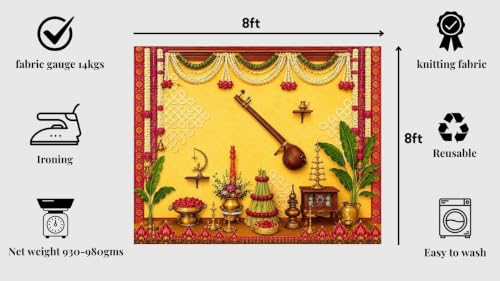 Image of varalakshmi Backdrop Cloth | Backdrop with Veena Floral Garland & Pooja Decoration Yellow Backdrop 8x8 Feet | Wedding Backdrop Decoration Cloth