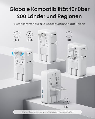 Anker Nano Reiseadapter Weltweit, Universal Reiseadapter mit USBx 4, 2X USB C, 2X USB A und 1x AC, Steckdosenadapter für Deutschland USA England, einsetzbar in über 200 Ländern, ideal für Reisen