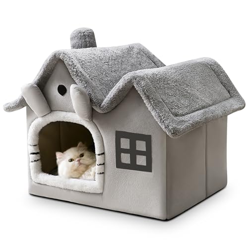 ALLSOPETS Cama para Perros Pequeños y Gatos, Casa para Gatos y Casa Perro Interior Plegable con Cojín Extraíble, Iglú Cálido y Lavable Tipo Cueva para Cachorros (Gato Gris, M)