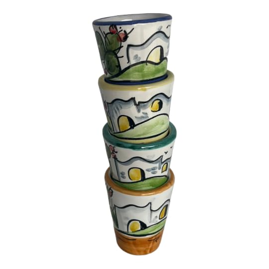 Hand-Painted Italian Ceramic Glasses – Set of 4, 1.2 oz Limoncello or Espresso Cups with House and Cactus Design, Made in Italy, Artisan Shot Glasses for Drinks and Desserts