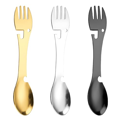 FIBOUND Ensemble de 3 Couverts de Camping Spork, Vaisselle Métallique Polyvalente pour Pique-Nique, Ouvre-Bouteille et Spork de Camping, Fonction 5 en 1, pour Les Voyages, Les Activités en Plein Air