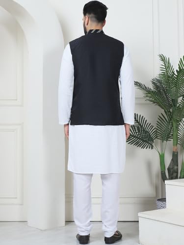 Image of SOJANYA (Since 1958 Men's Cotton Linen Maroon Kurta and White Pyjama with Mustard Cotton Nehru Jacket