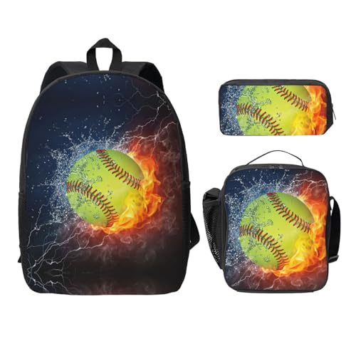 Sac à dos d'école léger 3 pièces avec boîte déjeuner et trousse imprimé softball noir