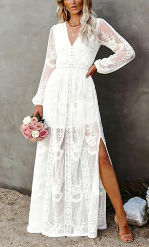 Image of LRISES Womens V Neck Floral Embroidered Lace Wedding Maxi Dress Boho Short Sleeve Slit Bridesmaid Evening Party Dresses