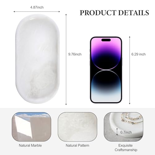 Image of Koville African Natural White Marble Decorative Tray, 10 inch x 5 inch Marble Vanity Tray for Bathroom Countertop Organizer Stone Trays, Catchall Tray for Perfume, Candles, Jewelry (Namib Bianco White)