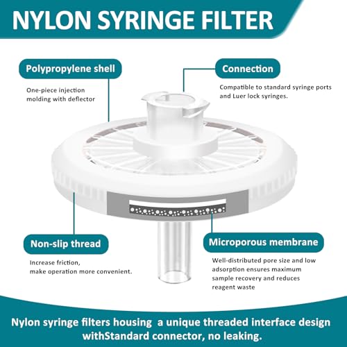 Image of Pack of 100 Syringe Nylon Syringe Filters Membrane 25mm /0.98in Diameter 0.45 μm Pore Size Non Sterile, White