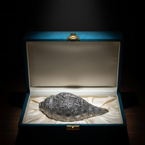 Image of Silver Plated Virat Roop Vishnu Shankh - 8.5 Inches Antique Finish Decorative Conch Shell with Detailed Religious Engravings - Vastu Pooja Item for Home Mandir - Symbol of Wealth and Luck