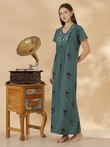 Image of 9shines Label Stylish Cotton Blend Embroidered Maxi Nightdress for Women with Pocket| Full Length Nightwear| Premium Nightdress| Comfortable Nightwear(5256)