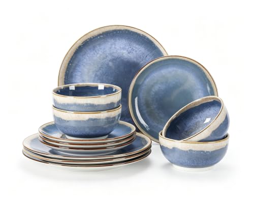 Image of Sweejar 12 Pieces Ceramic Dinnerware Sets for 4, Periwinkle Purple | Gradient Glaze Plates and Bowls Set, Microwave & Dishwasher Safe, Stackable Dish Set, Scratch Resistant Dishware Sets