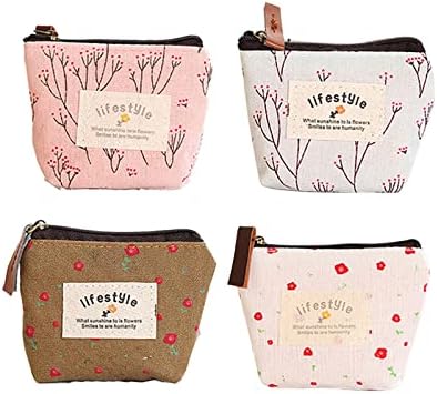 FuninCrea Small Coin Purse, 4 Pack of Different Cute Flower Patterns Canvas Coin Purse with Smooth Zip Mini Wallet for Storing Coin, Credit Card, ID Card, Keys, Lipstick (Colorful)