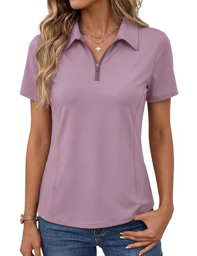 LOMON Women Quick Dry UPF 50+ Golf Shirt Short Sleeve Sun Protection Tops for Tennis Soft V Neck Shirt (Gray Purple XL)