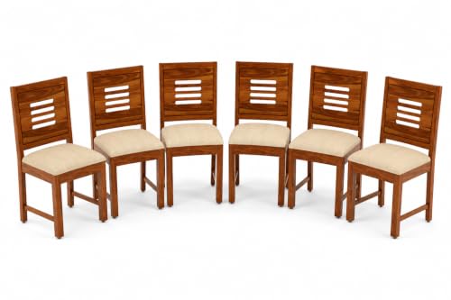 Image of Solid Sheesham Wood Dining Chair Set of 6 for Living Room & Dining Room | Wooden Chairs with Upholstered Cushion Seat