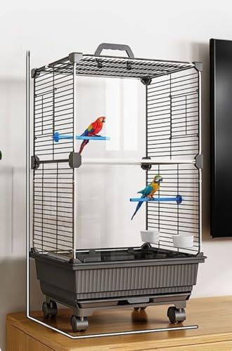 鳥かご 大型インコ用 豪華別荘タイプ セキセイ・オカメ・玄鳳対応 小鳥用ケージ 組立式 高強度 バードケージ 掃除簡単 ブランコ・餌入れ付き ペット用品 (グレー,車輪付きモデル 11種)