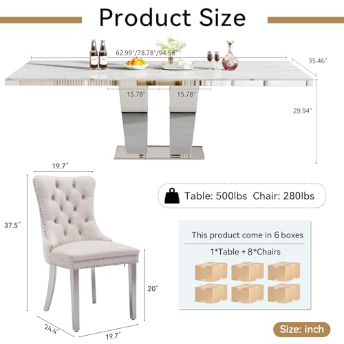 Image of 9-Piece Extendable Dining Table Set for 8, Modern 63 inch-94 inch White Faux Marble Expandable Kitchen Table Set with 8 Velvet Chairs, Large Extendable Dining Room Tables with Mirrored Columnar Base