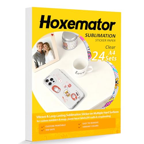 Hoxemator [24 Set] Sublimationspapier für Sublimationsdrucker & Tinte + Klar Sublimationsfolie zum Aufkleben Wasserfest Farbintensiv Sublimationstransferpapier für Tassen, Becher, Handyhüllen, DIY
