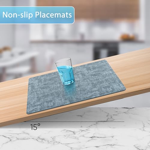 Placemats Set of 6 Washable, Heat Resistant Table Placemats Wipeable Faux Leather Place Mats Non Slip, Waterproof Square Table Mats for Indoor Outdoor, Light Blue
