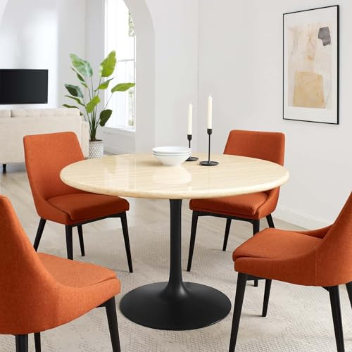 Image of Modway Lippa 48 inch Round Artificial Dining Table with Tapered, Metal Base, Black Travertine