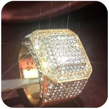 925 Sterling Silver Luxury Full Diamond Square Ring Iced Out Cubic Zirconia Rhinestone Ring Hip Hop Rock Gold Plated Bling Statement Ring Wide Band for Men, 9, 925 Sterling Silver, Brass