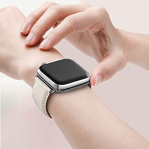 OMIU Square Bands Compatible for Apple Watch 38mm 40mm 42mm 44mm, Genuine Leather Replacement Band Compatible with Apple Watch Series 6 5 4 3 2 1, iWatch SE (Ivory White Silver Connector, 42mm 44mm) Photo
