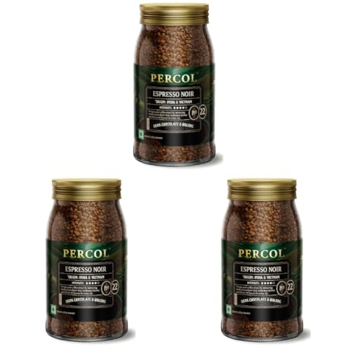 Image of PERCOL Premium Instant Coffee | Espresso Noir Blend 22 | Crafted with Premium Imported Beans | Freeze Dried | Designed in UK | 100g Jar | 100% Pure Coffee | Flavorful & Aromatic (Pack of 3)
