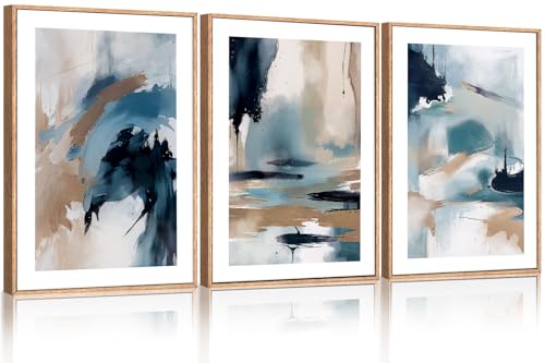 KAIRNE Blue Abstract Neutral Framed Canvas Wall Art Set, Navy